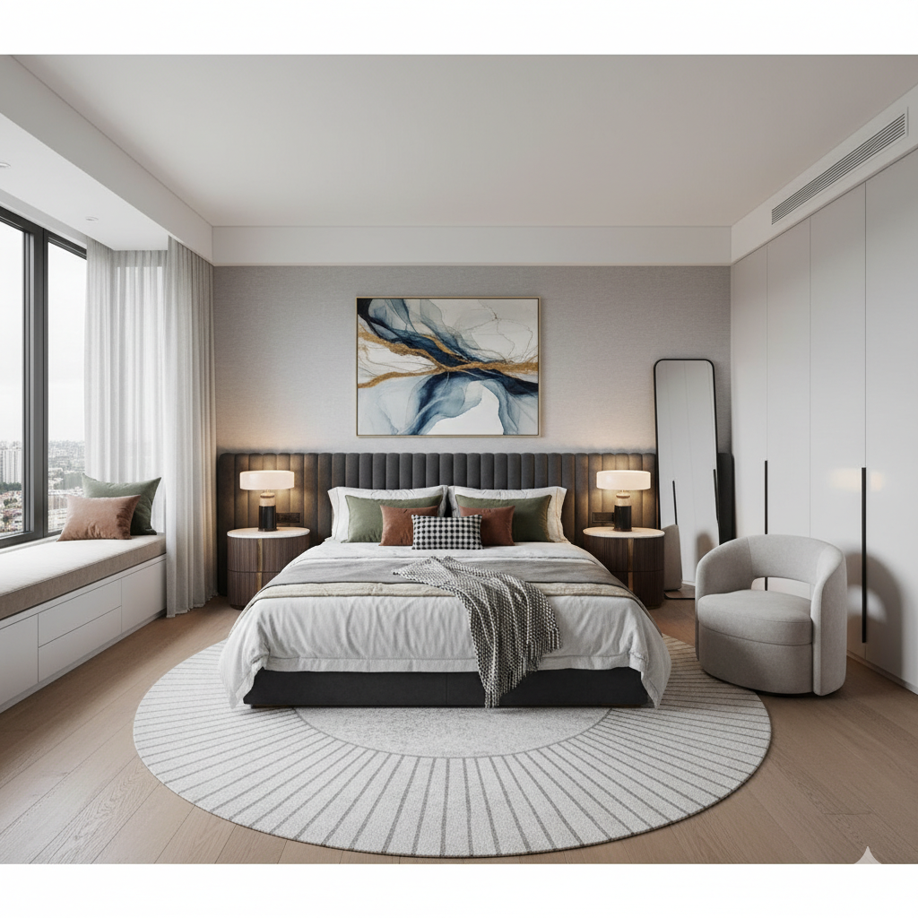 Designer bedroom interior with custom furniture